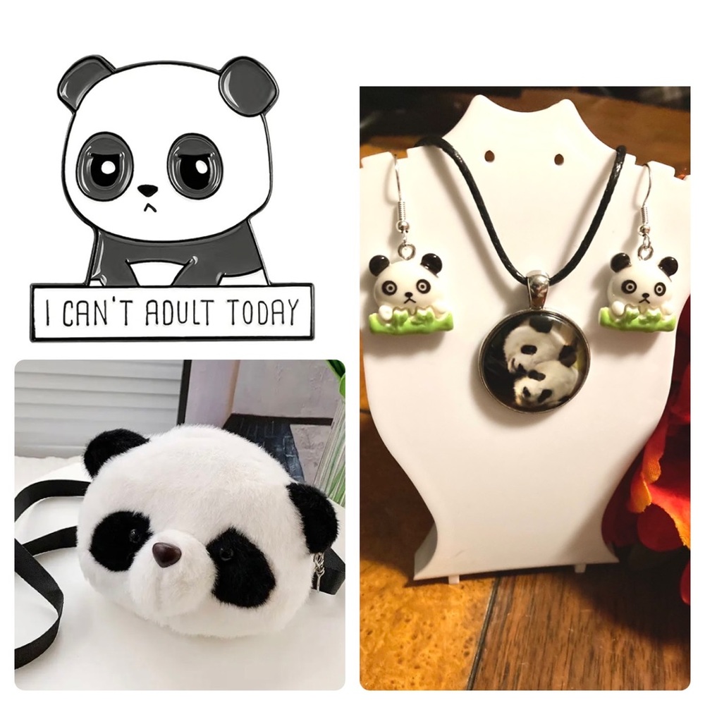 Super Cute Panda Purse with Handmade Earrings and Pendant Necklace & Enamel Pin